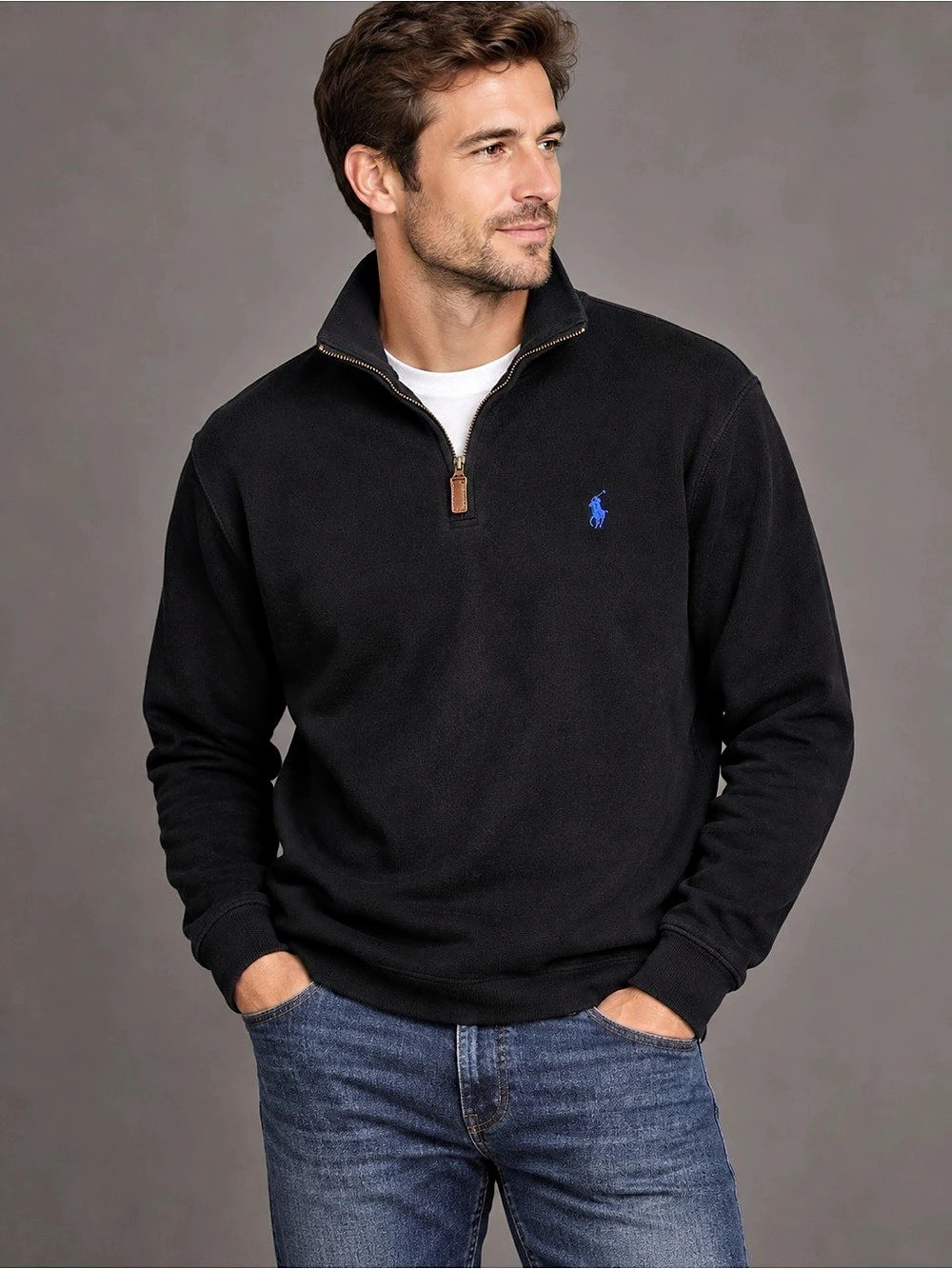 Polo Ralph Lauren Men’s Black Quarter Zip Pullover Blue Pony Leather Pull M